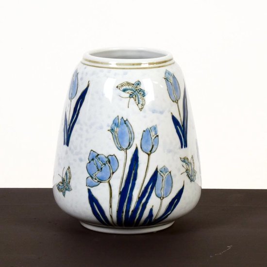 Tulp vaas Vincent - Tulpenvaas - Blauw Wit - Medium - Hoogte 18 cm