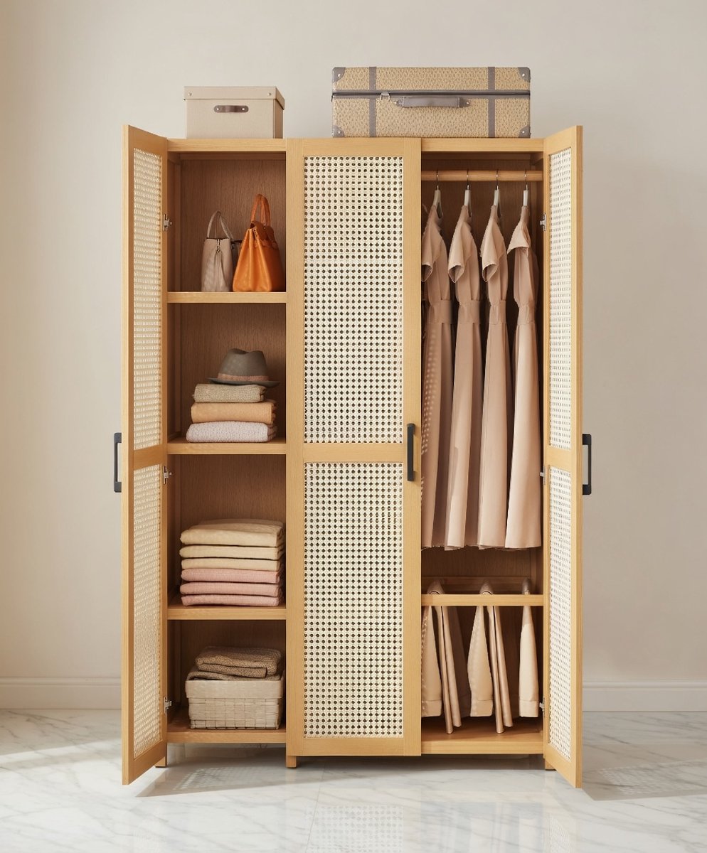 LuxeLine™ Houten Garderobekast met Kledingstang & Broekenrek – 3 Deurs Multifunctionele Opbergkast 160 cm House&Garden