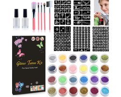 Glitter Tattoo Set - Sjablonen & Penselen – Waterdicht & Huidvriendelijk - Schmink Tattoos Body Glitters - Incl. Sjablonen en Huidlijm - Tijdelijke…