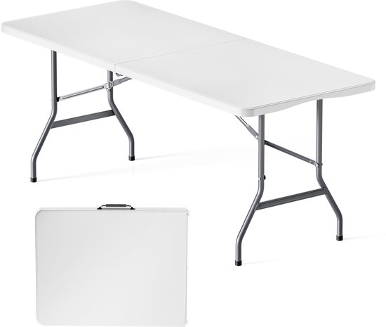 Witte rechthoekige tafel, ingeklapt en uitgeklapt, met metalen poten.