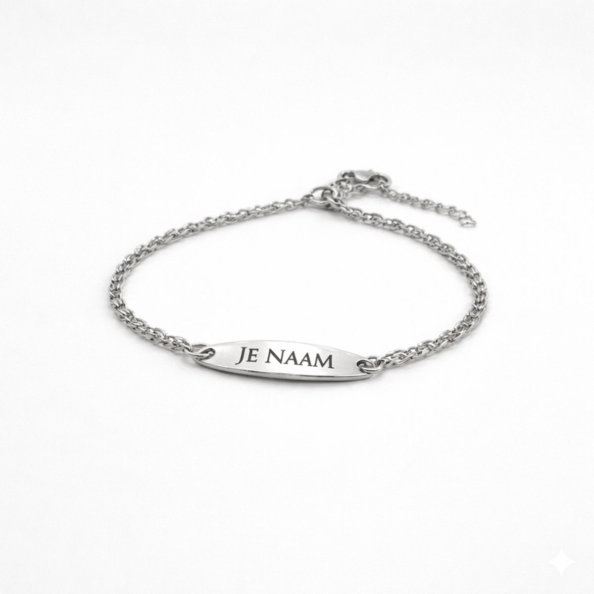 Armband met graveer, Armband met naam, Schakelarmband met gravure zilverkleurig - ovale naamplaat - verstelbaar - RVS, Armband met naamplaatje ,graveerarmband