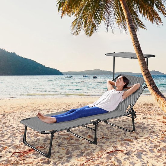 Opvouwbare Zonligstoel - Met Zonnedak - Verstelbare Rugleuning - Ergonomisch - Tuinligstoel - Metalen Frame - Oxford Stof - Draagbaar - Ligstoel - Voor Camping, Strand, Balkon En Kantoor - Zwart - NAIZY — afbeelding 5