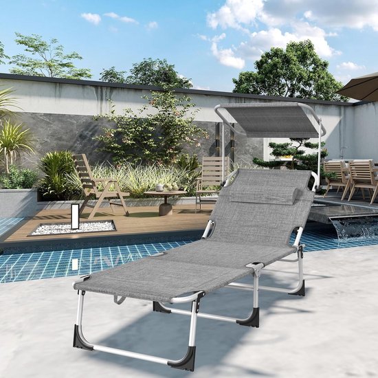 Opvouwbare Zonligstoel - Met Zonnedak - Verstelbare Rugleuning - Ergonomisch - Tuinligstoel - Metalen Frame - Oxford Stof - Draagbaar - Ligstoel - Voor Camping, Strand, Balkon En Kantoor - Grijs - NAIZY — afbeelding 3