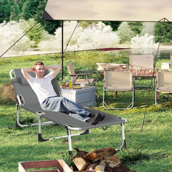 Opvouwbare Zonligstoel - Met Zonnedak - Verstelbare Rugleuning - Ergonomisch - Tuinligstoel - Metalen Frame - Oxford Stof - Draagbaar - Ligstoel - Voor Camping, Strand, Balkon En Kantoor - Antraciet - NAIZY — afbeelding 3
