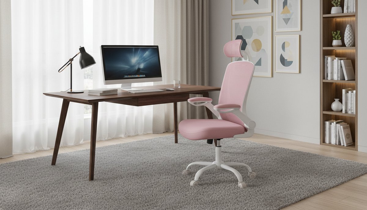 Ergonomische Bureaustoel Canvas – Casa Velluto SoftComfort Deluxe OBN037 – S-vormige Rugleuning, Gewatteerde Lendensteun, Opklapbare Armleuningen, Schommelmechanisme, 53 cm Zitting – Draaibare Computerstoel voor Thuis, Kantoor en Studie – Candy Roze