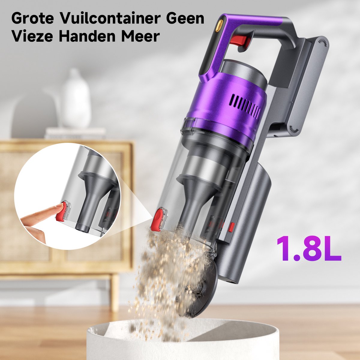 Tdyon Steelstofzuiger Draadloos-70000 Pa Zuigkracht/680W/75 Min/1,8 l, Wassertank-Akku-Stielstaubsauger -LED, Anti-Tangle-HEPA-filtratie — afbeelding 4