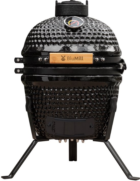 BluMill Kamado BBQ Egg - Kamado 13 Inch - Houtskoolbarbecues - Zwart - Ø 27 cm - Vrijs van PFAS- houdende anti-aanbaklaag - Houtskoolbarbecue Met Thermometer