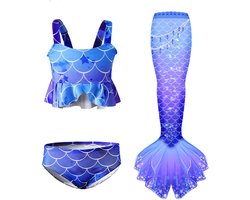 Damesbikini Zeemeerminstaart Bikini Verkleedset - Zeemeermin Zwemset Meisjes | Zeemeerminstaart Zwempak | 3-Delige Bikini Set Kind | Princess Zeemeermin Badpak | Kinder Bikini Zwemkleding | Blauw | Maat 130
