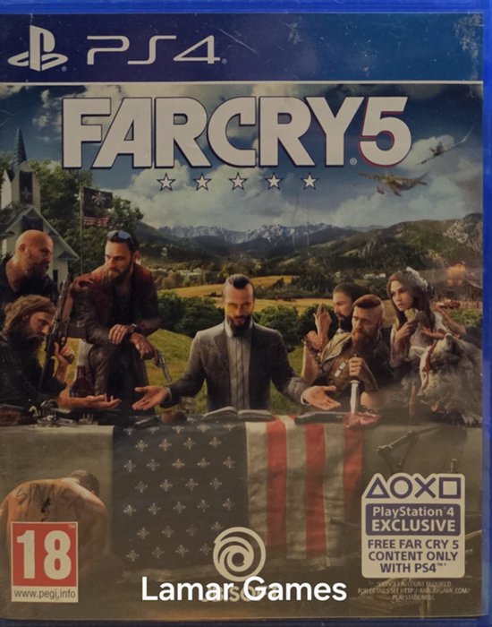 Cover van Far Cry 5 PS4 met diverse figuren en een Amerikaanse vlag.
