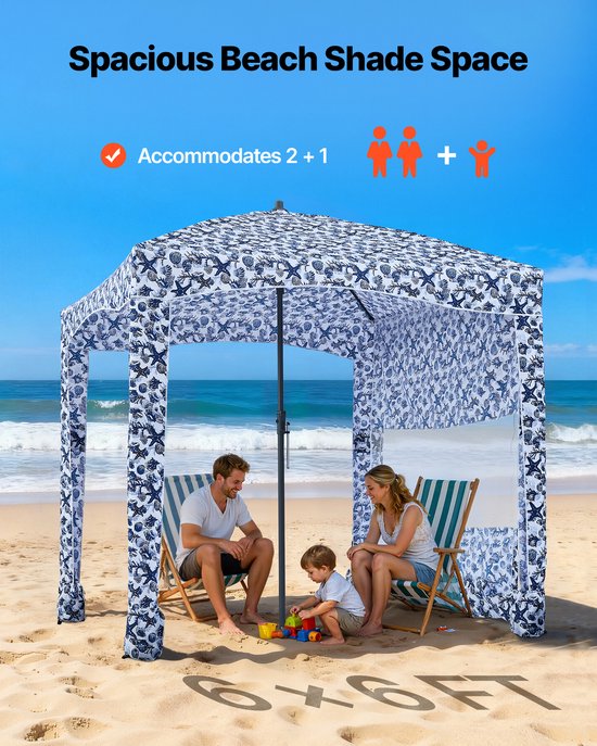 VEVOR Strandcabana 183x183cm, Strandluifel met Zijwanden, UPF 50+ Zonbescherming, Strandpaviljoen met Zandzakken, Donkerblauw Patroon van Vevor — afbeelding 5