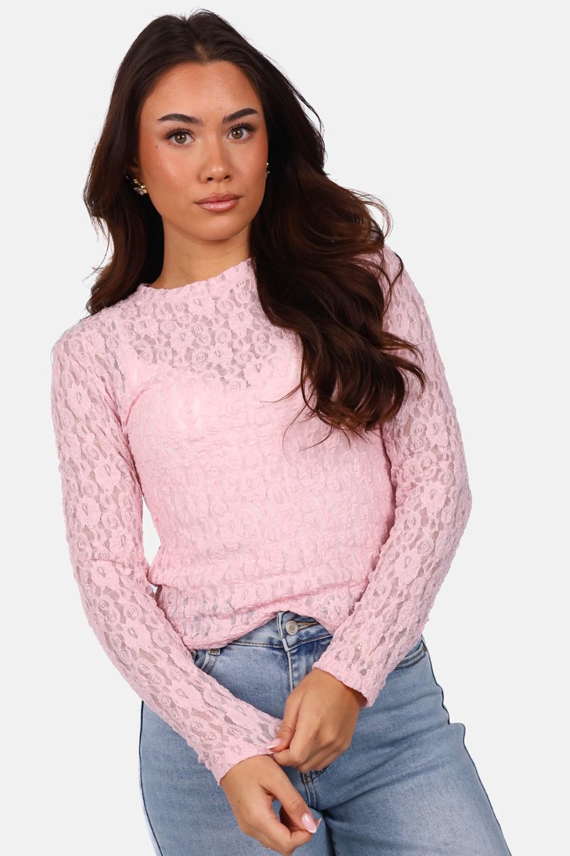 Getdrezzed Top - Maat: XL - Kanten top met ronde hals en lange mouwen lichtroze