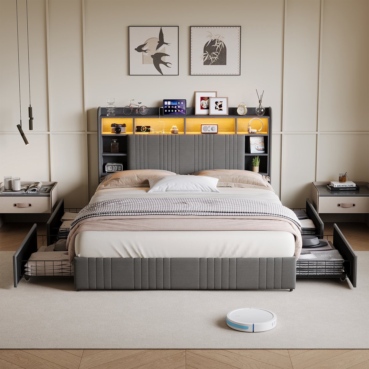 Solvenrik Bedframe met Lades 160x200 – LED & USB-C + Stopcontact – Hoofdbord met Opbergvakken – Linnen Grijs