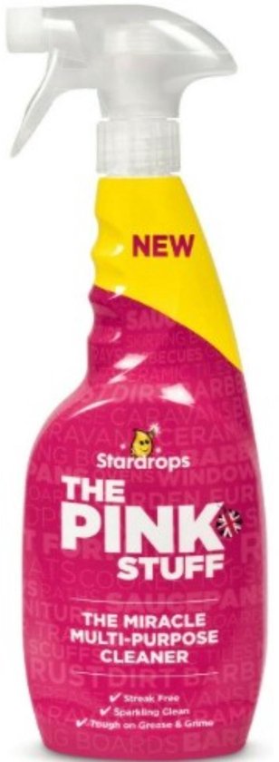 Nieuwe roze spuitfles met gele accenten, "The Pink Stuff" logo en "The Miracle Multi-Purpose Cleaner" opschrift.