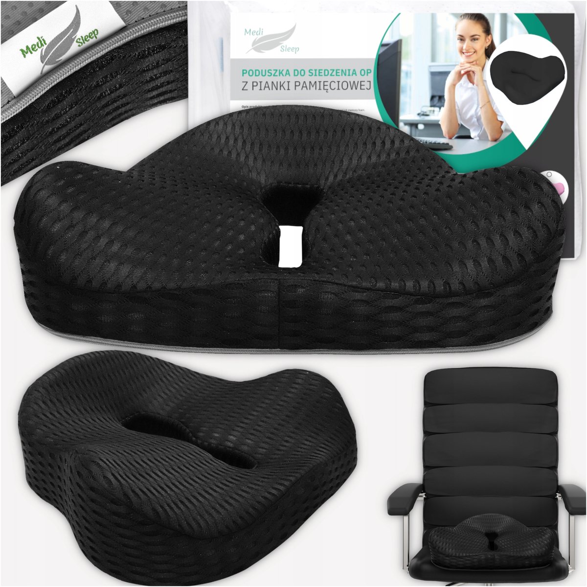 Medi Sleep - Orthopedisch Zitkussen - 40 x 42 x 13/6 cm - Zwart/Grijs - Geheugenschuim