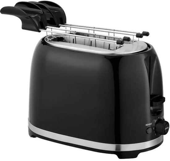 Classic Broodrooster met Tostiklemmen - Tosti Apparaat 850W - Retro Tosti Ijzer & Toaster - Brede Sleuven & 7 Standen - Ontdooi & Verwarm functie - Inclusief E-book - Broodrooster Zwart