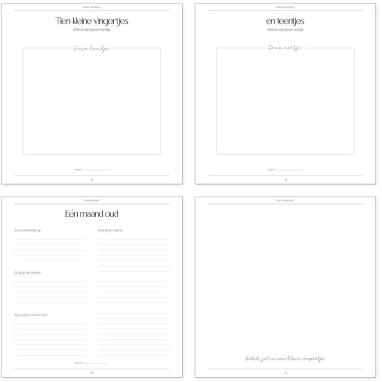 Invulboek met de titels 'Tien kleine vingertjes', 'en teentjes', 'Eén maand oud'.