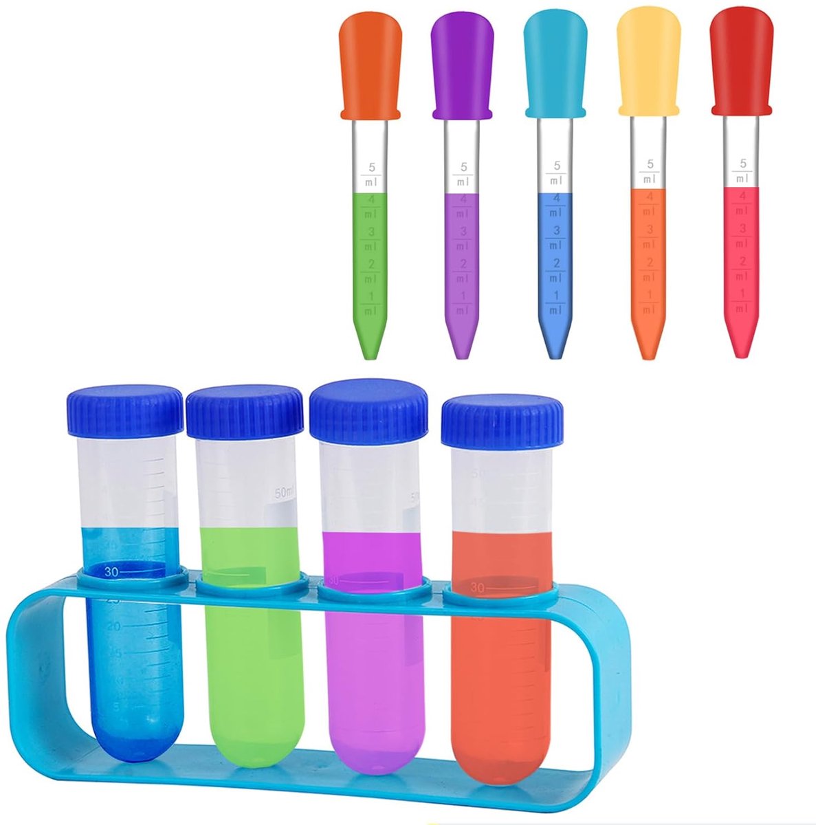 Pipet voor kinderen - 5 stuks - met druppelpipetten en reageerbuisstandaard - Siliconen Pipetten voor Kinderen - Vloeistof druppelaars - plastic pipetten voor kinderen - voor kinderen snoepvormen, Jello-vormen, knutselprojecten - 5 ml - kleur