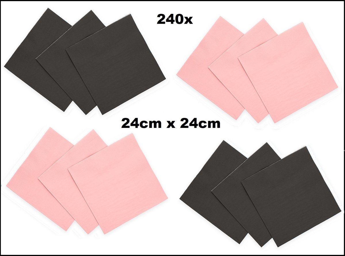 240x Servetten zwart en licht roze 24cm x 24cm - 3 laags - Cocktail servet diner eten knoeien restaurant BBQ thema feest verjaardag feest WK