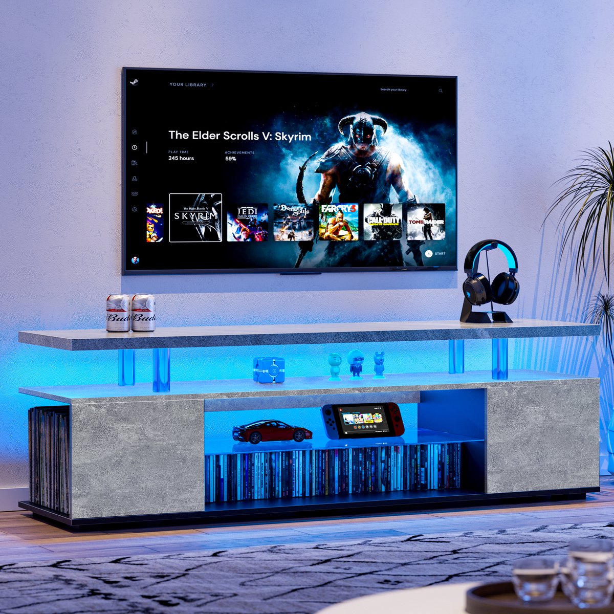 Wishdor - Tv-Meubel Met Opbergruimte En Open Vak - Modern - Voor Woonkamer - Bewerkt Hout - Grijs En Zwart