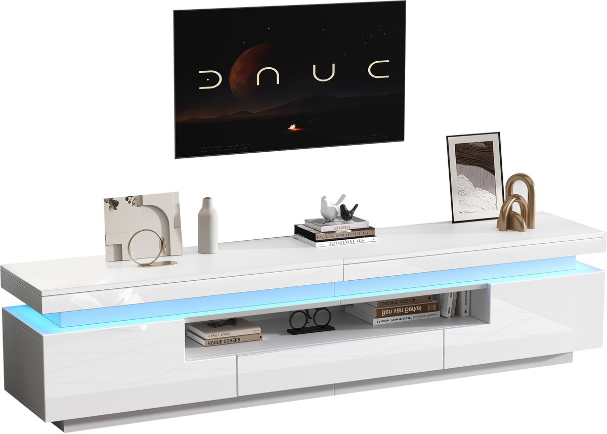 Wishdor Tv-Meubel - 2 Kasten En 1 Lade Met Led - Modern - Voor De Woonkamer - Spaanplaat - Wit - 175 X 38 X 45 Cm