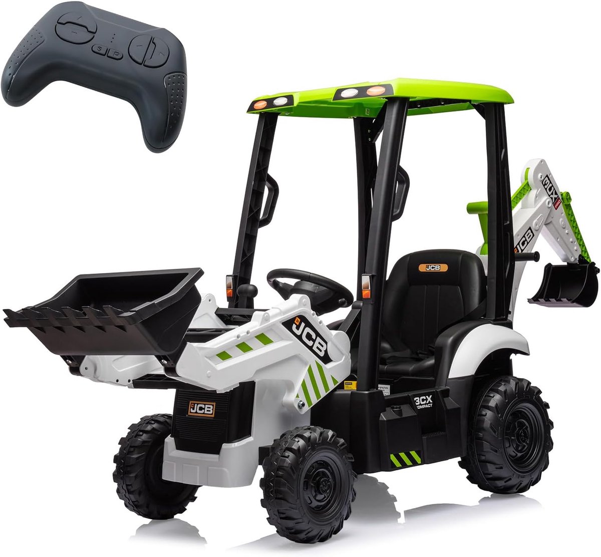 12V Elektrische Kindertractor 4-in-1 met Graafbak, Bulldozerblad en Afneembare Tent - 2,4G Afstandsbediening, Claxon, EVA-wielen, 2-4 km/u - Wit
