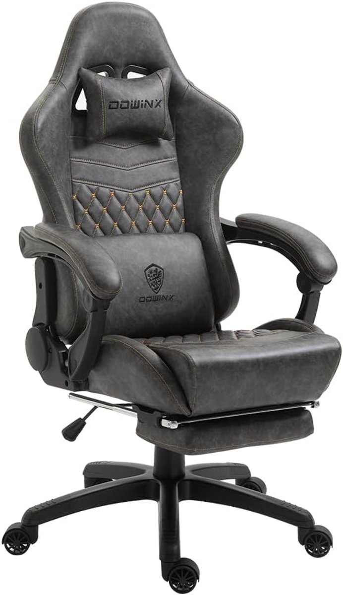 Dowinx Luxe Gamingstoel - Ergonomische Bureaustoel van PU Leer met Boutis-Stiksel, Massage-Lendensteun, Voetsteun, Verstelbare Rugleuning 90°-170°, Tot 200 kg - Grijs