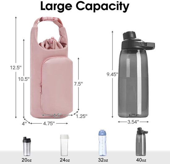 Draagtas voor waterfles - Waterfles Draagtas - Drinkfles Houder - Waterfles Mouw met Verstelbare Schouderriem - Draagtas met telefoonvak - Draagbare Waterfles Houder Tas - Bottle Bag - Waterfles Draagtas voor Wandelen Camping - 30*12*10cm - Roze — afbeelding 3