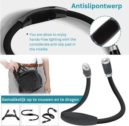SVN® Oplaadbare Neklamp – leeslamp met 16 brand uren – Leeslampje voor boek met 3 oogbeschermingsmodi – Zwart - ‎ 26cm x 52cm x 26cm — afbeelding 4