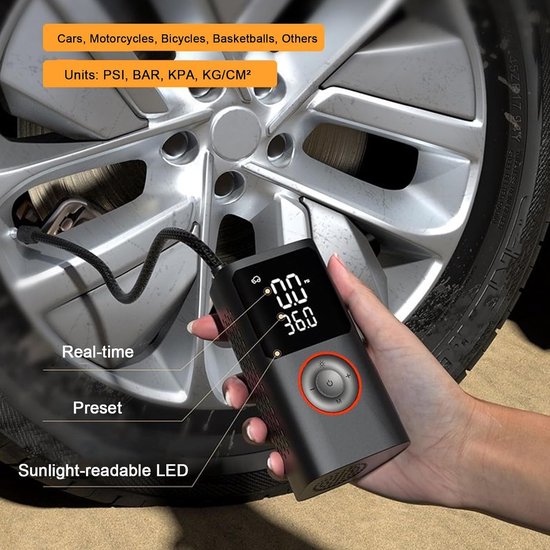 Elektrische fietspomp - Scooter Motor Auto - 4000 mAh - Draagbare luchtcompressor bandenpomp - Tot wel 10.3 bar - USB oplaadbaar — afbeelding 5