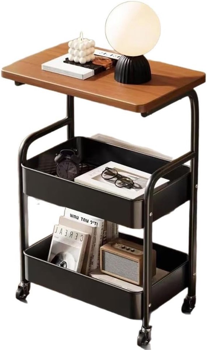 Multifunctionele Rolwagen op Wielen met Houten Blad - 3 Lagen - Zwart - Metalen Keukentrolley / Serveerwagen - Voor Keuken, Kantoor & Woonkamer - Zwart