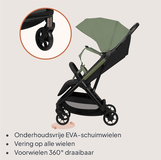 Close-up van het wiel van een lichtgroene en zwarte buggy, met tekst over onderhoudsvrije wielen.