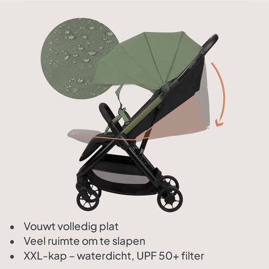 Lichtgroene en zwarte buggy in ligstand met waterdichte XXL-kap. Ook opgevouwen.