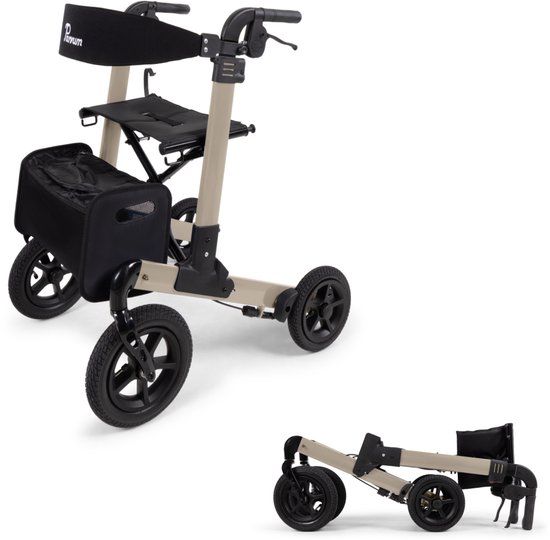Parvum Luxo Air Rollator - Luchtbanden & dubbel opvouwbaar (6,9kg) - Incl. stokhouder, tas & rugleuning - Champagne