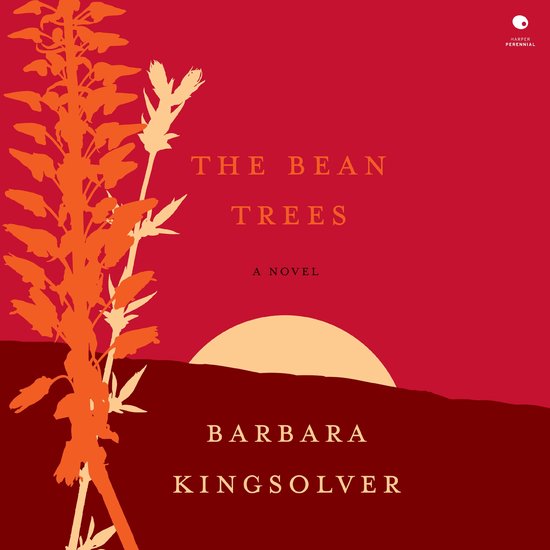 Boek kaft met oranje en rode kleuren, met daarop de titel "The Bean Trees" door Barbara Kingsolver.