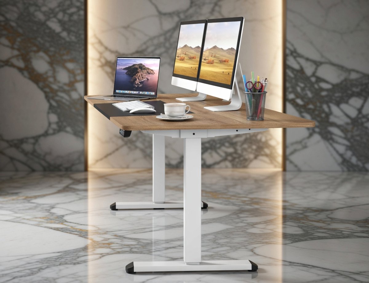 Premium Elektrisch Sta-Zit Bureau – In Hoogte Verstelbaar 72-116 cm – 140x70 cm – Ergonomisch Thuiswerk & Kantoor Bureau met Kabelbeheer en Geheugenfunctie – Modern Beige House&Garden