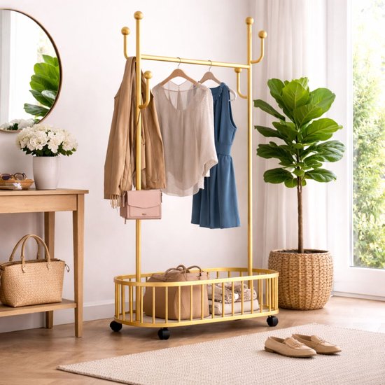 Arisa Home Kledinghangers- Goud-Wit - Kapstok met opberg mand - Multifunctionele Kledingrek - Kleding Hanger met opbergmand -kledingrek op wieltjes - 170x80x32cm
