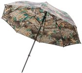 Paraplu met camouflageprint, bruin en groen, met zwarte steel.
