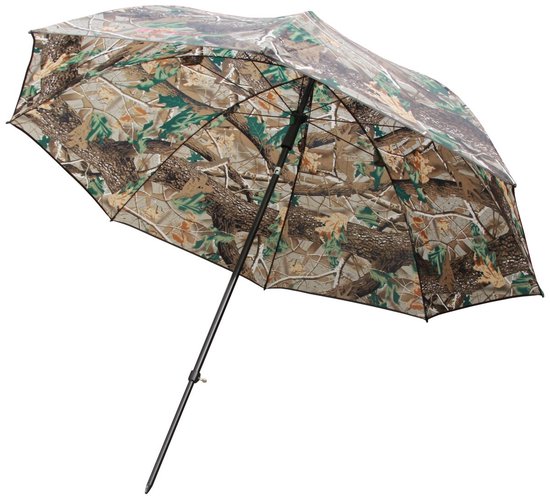 Paraplu met camouflageprint, bruin en groen, met zwarte steel.