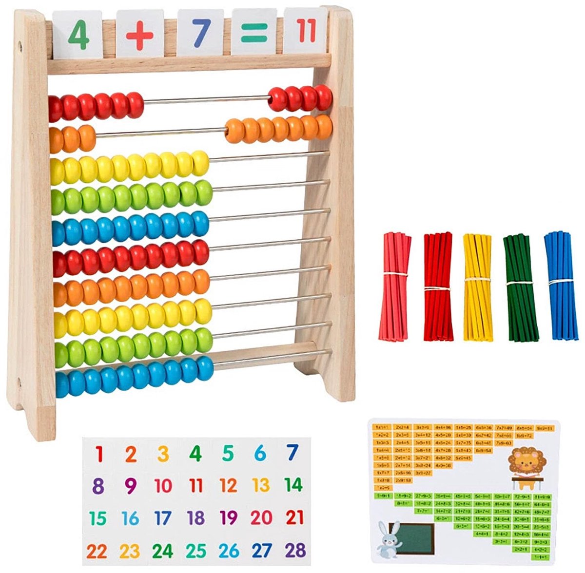 Houten telraam voor kinderen - 100 telstokjes en speelkaartjes met de getallen 1-100, educatieve rekenspelletjes voor kleuters en kinderen in groep 1 en 2 van de basisschool