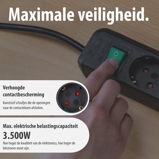 Hand drukt op de groene aan/uit-schakelaar van een zwarte stekkerdoos met verhoogde contactbeveiliging.