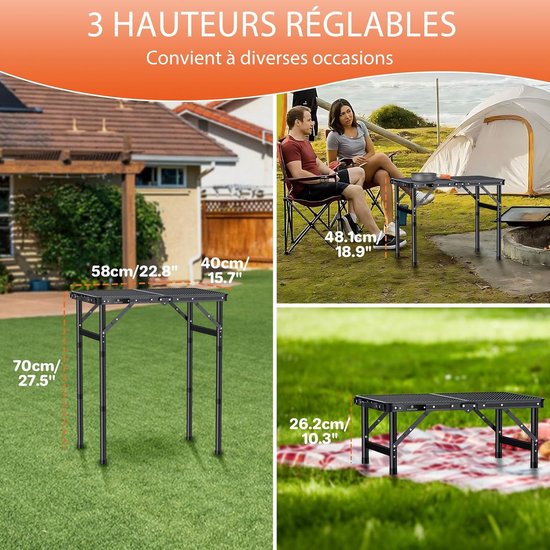 Opvouwbare kampeertafel 60×40 cm, kleine opvouwbare barbecue-tafel, 2 hoogte-instellingen, picknicktafel met metalen rooster voor binnen en buiten, keuken — afbeelding 4
