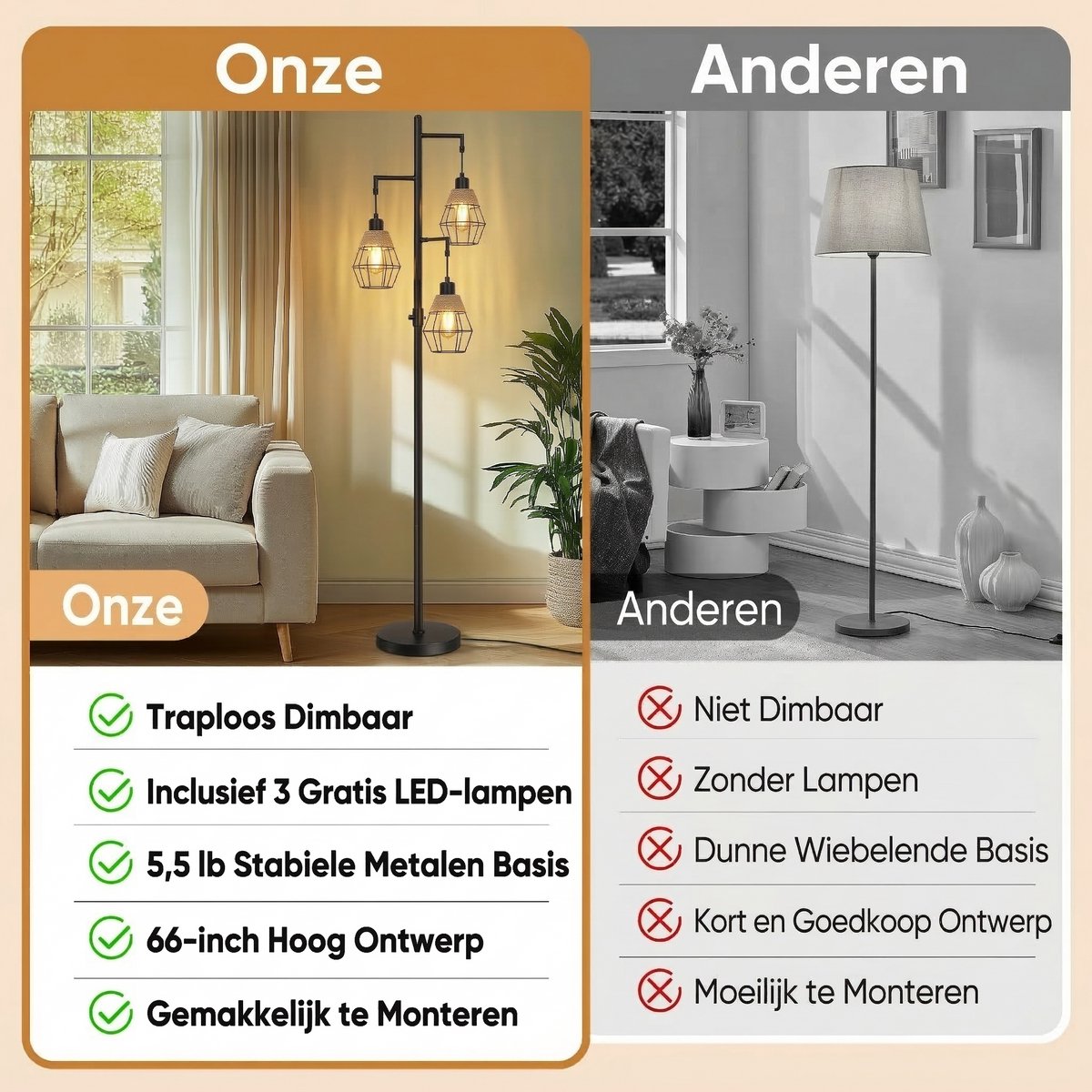 Rosnek Industriële Vloerlamp met 3-Lichts - Zwarte Staande Lamp - Vintage Metalen Leeslamp voor Woonkamer - Traploos Dimbaar - Lampadaire Industriel - Inclusief 3 LED Lampen thumbnail 3
