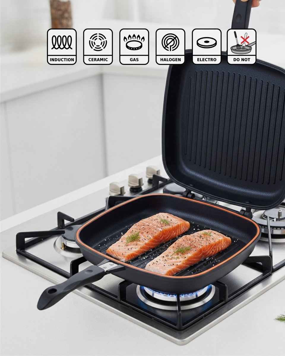 GGS Dubbelzijdige Grillpan/Visgrillpan 38x25,5 cm (Alu-Guss) - Inductie & alle kookplaten - PTFE antiaanbaklaag - Magnetische sluiting - 2 Siliconen Strips