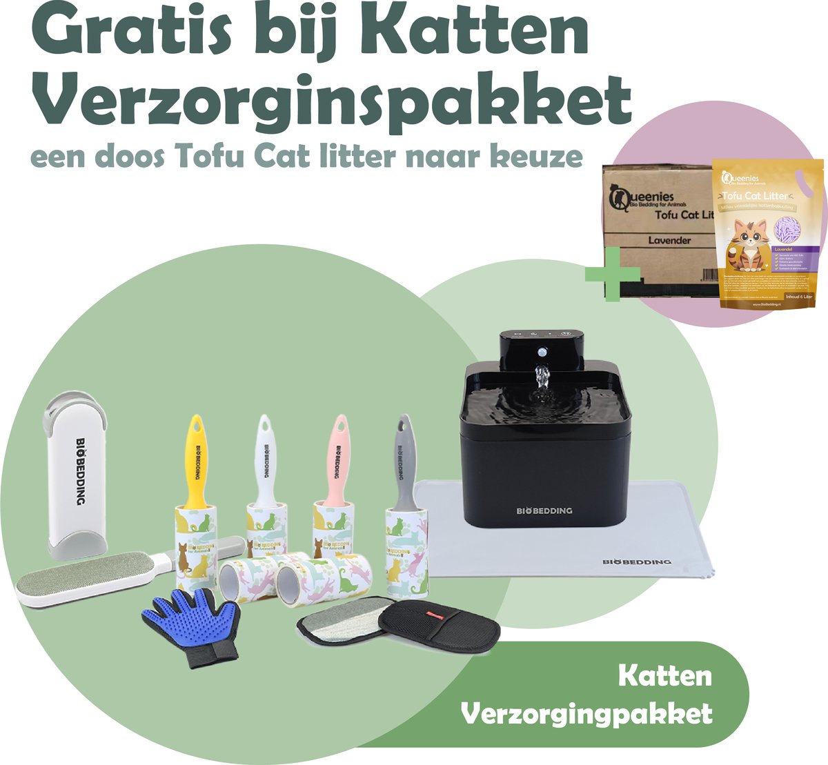 Katten Verzorgingspakket Compleet - Drinkfontein - Borstels - Voermat - Incl Gratis DOOS Tofu Kattenbakvulling Lavendel 15 KG