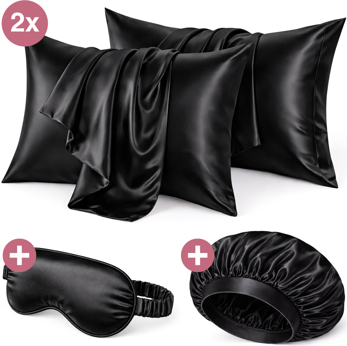 Soft & Silky Satijnen Kussensloop set van 2 - Incl. bonnet en slaapmasker - 60x70 cm - Slaapmuts - Krullen - Satijn - Moerbij - Zijden - Beauty - Zachte - Satin - Kussenslopen - Zwart