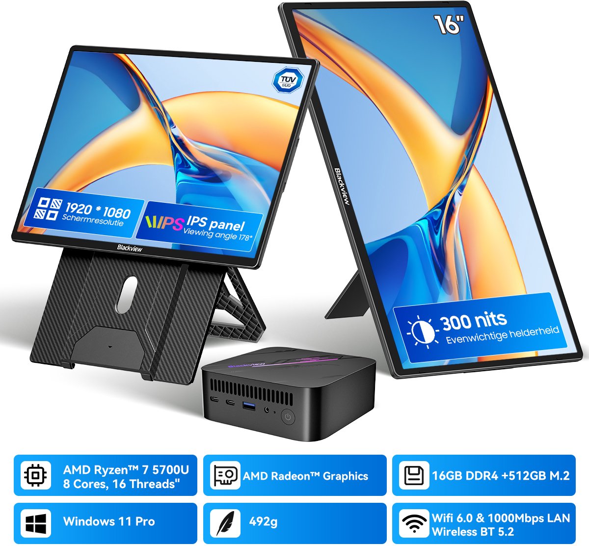 Blackview MP100 Mini PC + Table 10 Draagbare Monitor Set - 16GB DDR4 512GB SSD - AMD Ryzen 5 7430U tot 4,3GHz - Windows 11 Pro - WiFi 6 BT 5.2 - 4K UHD RGB - 23,8 Inch FHD USB-C HDMI Toetsenbord - Zwart