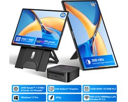 Blackview MP100 Mini PC + Table 10 Draagbare Monitor Set – 16GB DDR4 512GB SSD – AMD Ryzen 5 7430U tot 4,3GHz – Windows 11 Pro – WiFi 6 BT 5.2 – 4K UHD RGB – 23,8 Inch FHD USB-C HDMI Toetsenbord – Zwart