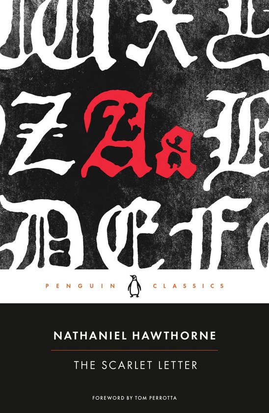 La Lettre écarlate de Nathaniel Hawthorne, Penguin Classics. Noir avec des lettres rouges 'Aa' et des figures.