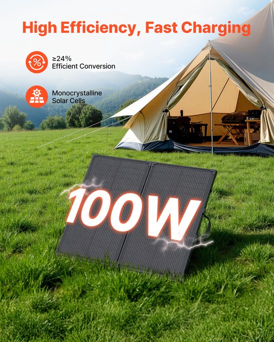VEVOR Opvouwbaar Zonnepaneel 100w, 16bb N-Type Draagbare Monokristallijne Zonnemodule met Frame, 24% Rendement, Ip67, Oplader met 30a Pwm-Controller en Mc4-Uitgang voor Kamperen en Wandelen — afbeelding 3