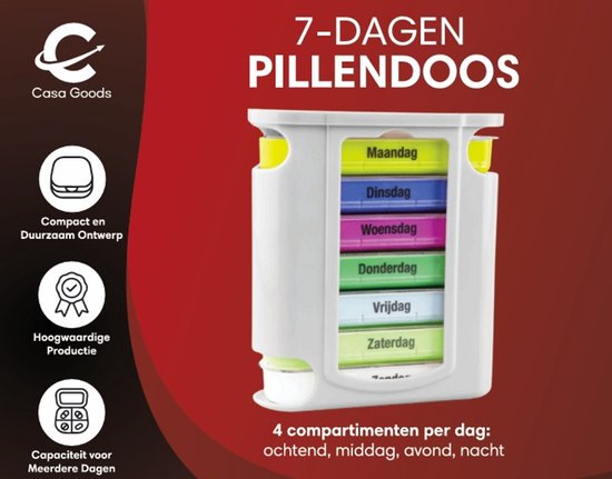 Witte medicijndoos voor 7 dagen, met gekleurde vakjes per dag. Compact en duurzaam.